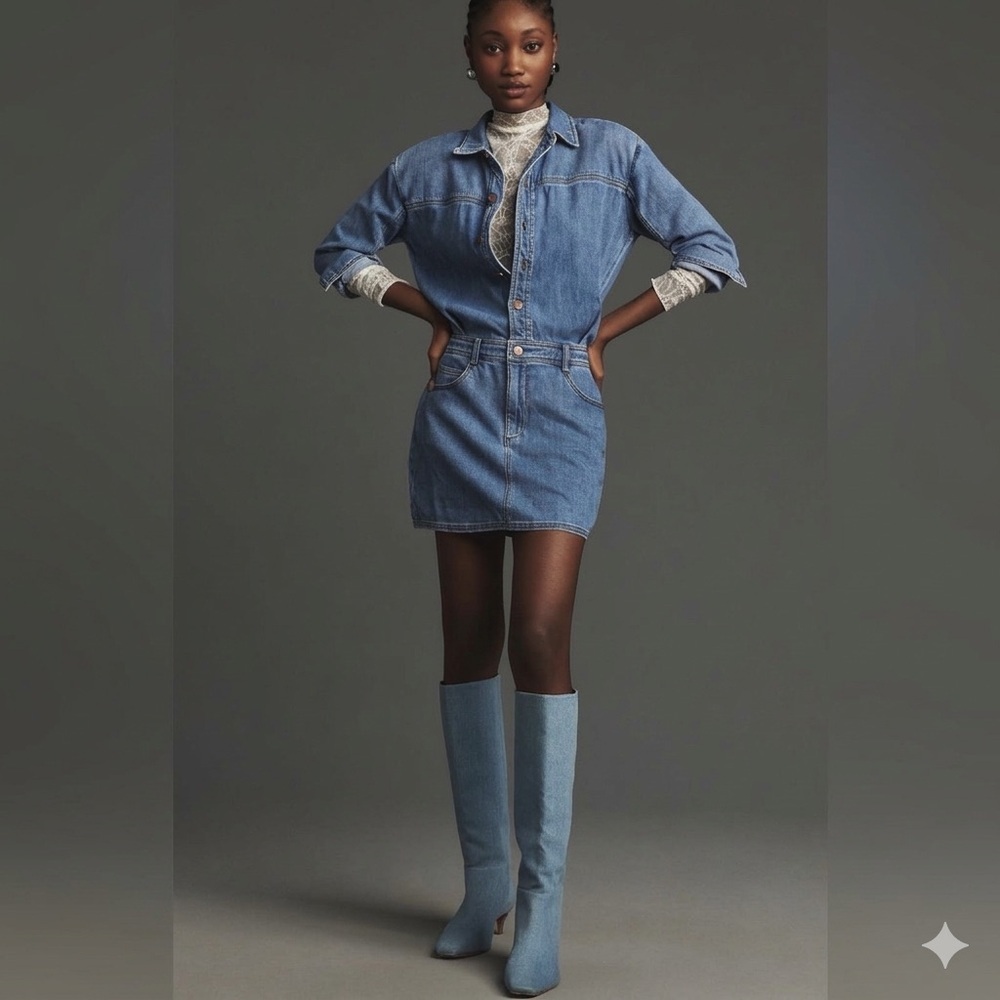 Pilcro Long-Sleeve Denim Micro Mini Shirt Dress Size Medium Blue Anthropologie